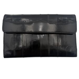 Vintage Genuine Eel Skin Leather Checkbook Wallet Clutch Black Snap Zip 7"